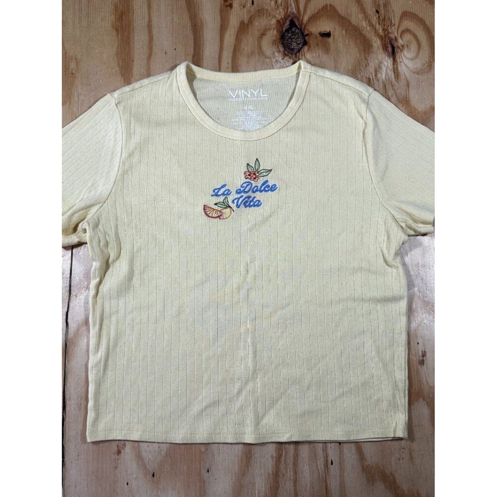Vinyl Threads Yellow Embroidered Dolce Vita Pointelle Tee - XXL